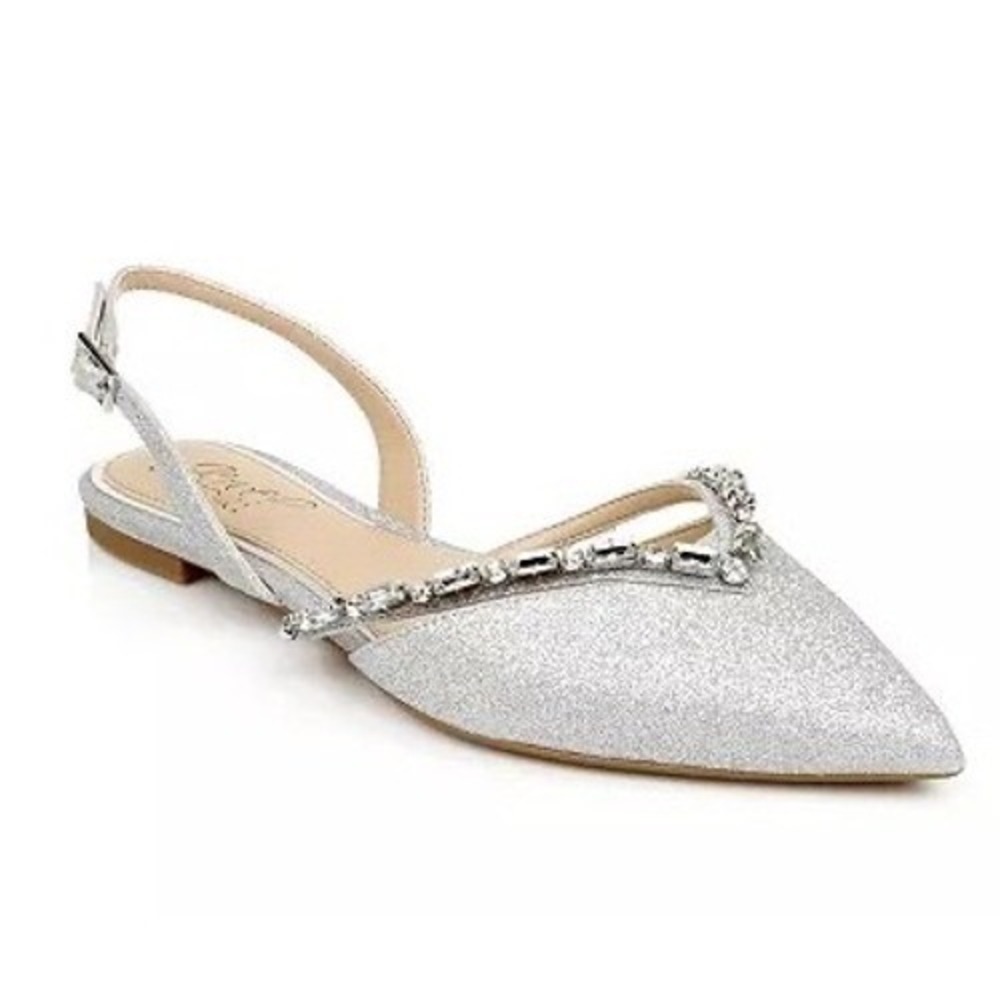 Jewel Badgley Mischka Slingback Pointed Toe Evening Flats Silver Glitter‎ Size 6